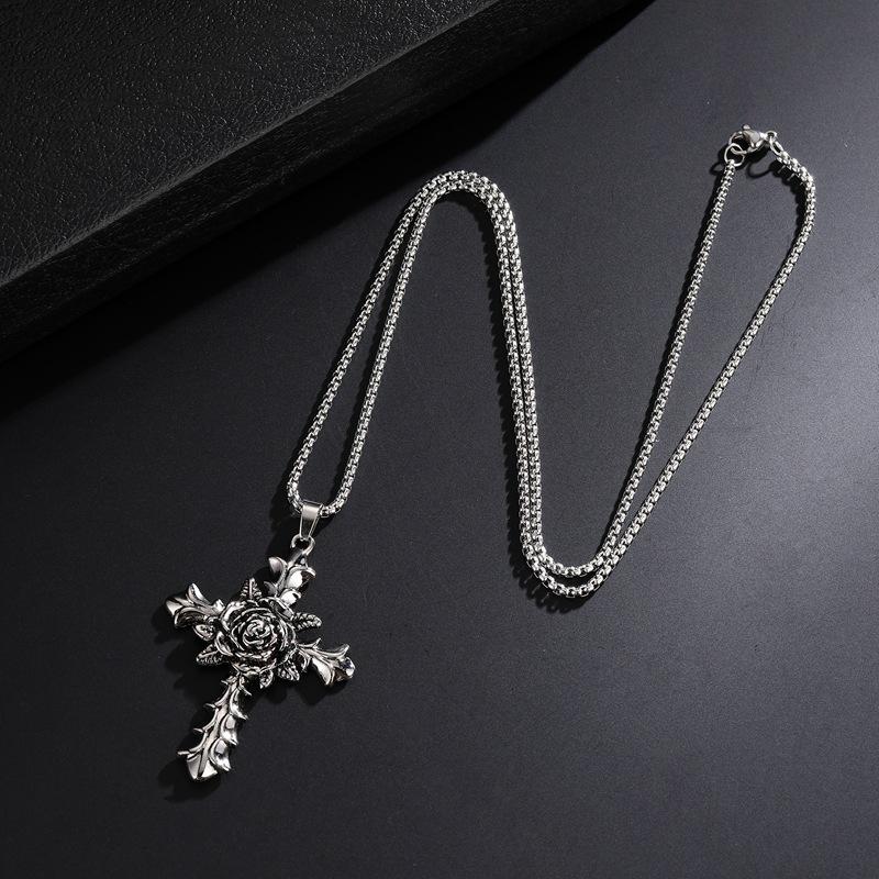 Ретро Мода Роза Крест Титановая Сталь Ожерелье Кулон