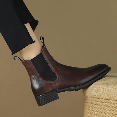 Cow Leather Winter Round Toe Thick Low Heels Chelsea Boots Women Retro Ankle Boots