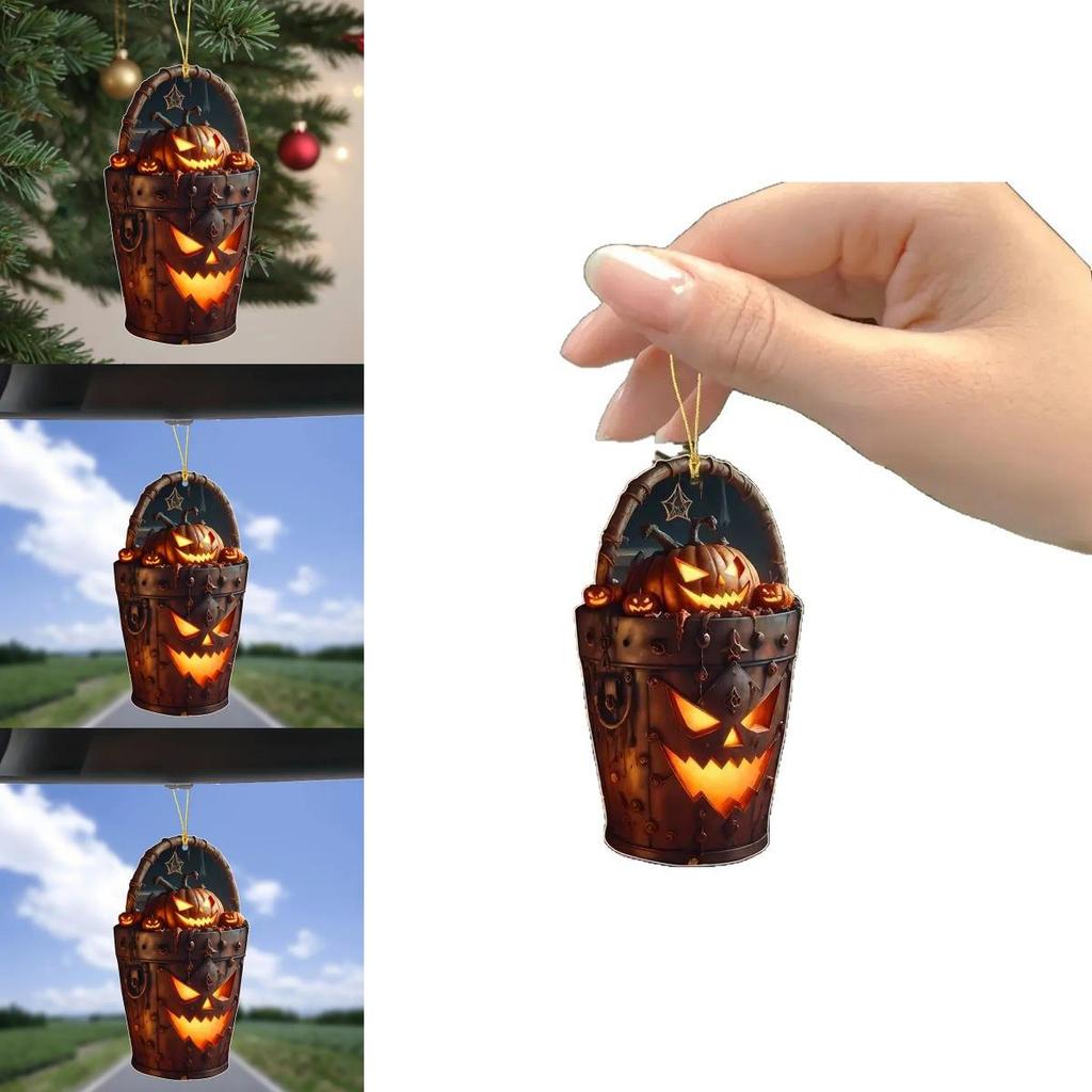 Acrylic Halloween Pumpkin Head Bucket Car Rearview Mirror Pendant With Cartoon Style For Vehicle Decor