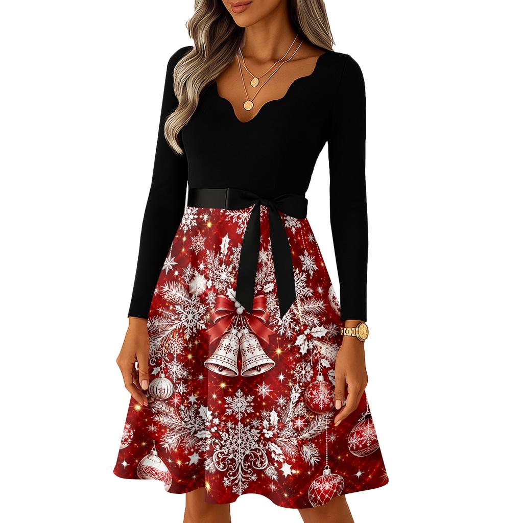Women's Fashion Casual V-Neck Long Sleeve Vintage Christmas Print Dress