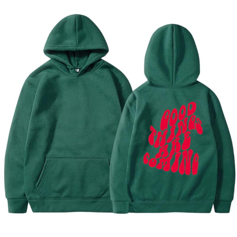 GOOD THINGS ARE COMING Women's Velvet Hoodie Solid Color Letter Printed Kangaroo Pocket Drawstring Printed Hoodie