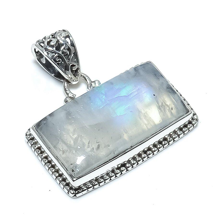 Natural Rainbow Moonstone Gemstone 925 Solid Sterling Silver Pendant 1.18" D2g88