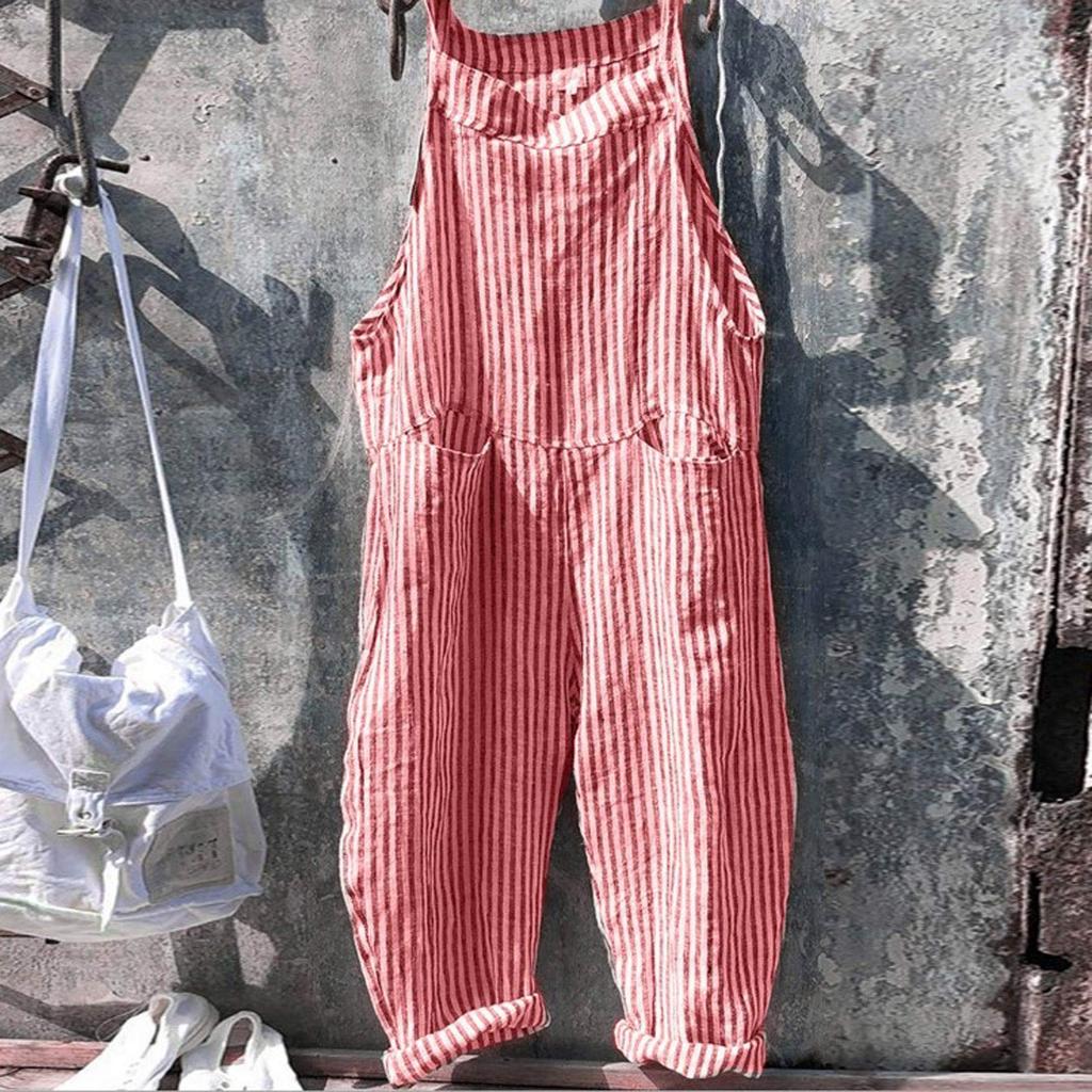 Women's Casual Fashion Pocket Tie Sleeveless Striped Jumpsuit