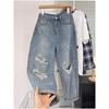Gaten Jeans Dames Hoge Taille Rechte Kruis Los Slank Ontwerp High-street Sfeer Wijde Pijpen Sleepbroeken