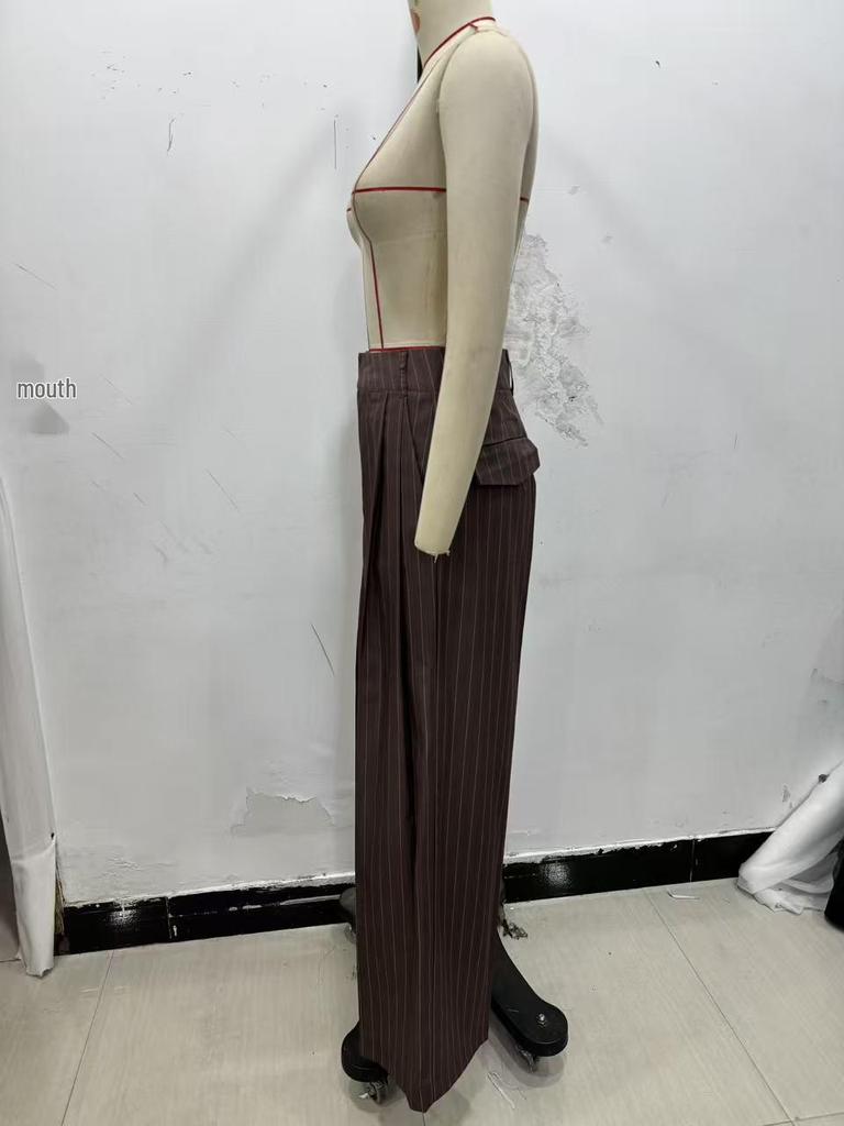 Striped Padded Shoulder Suit Jacket & Pleated Trousers Set