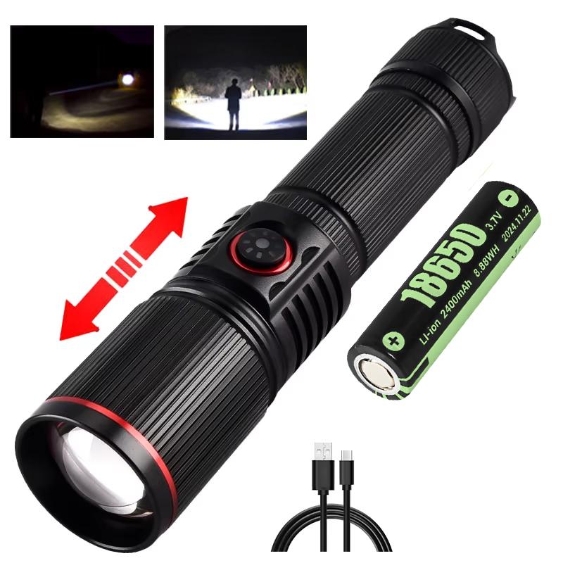 30W High-Power LED Tactical Flashlight with LCD Power Display Zoom Aluminum Alloy Rechargeable Emergency Torch Spotlight