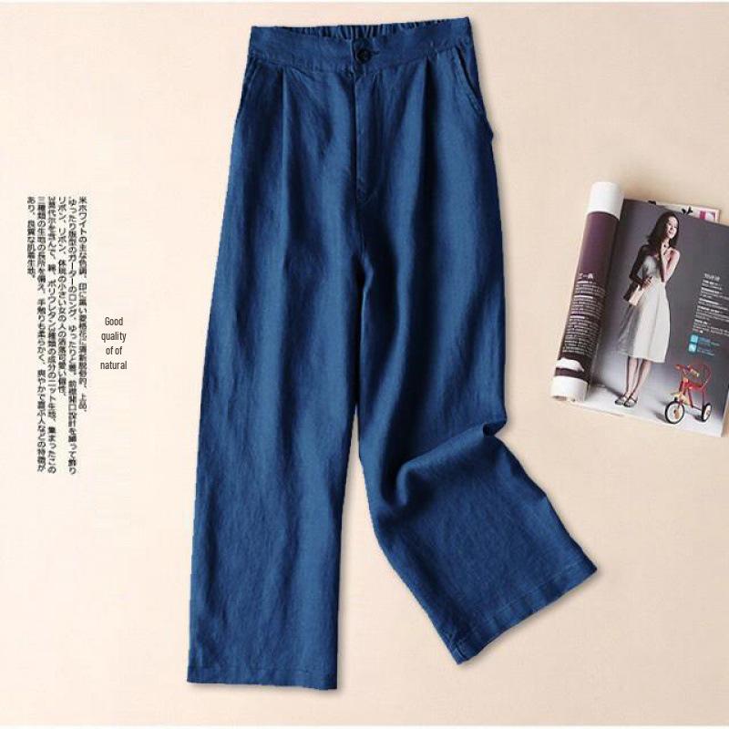 

2024 Spring/Summer Women s Cotton Linen Wide-Leg Casual Nine-Point Trousers M темно-синього кольору
