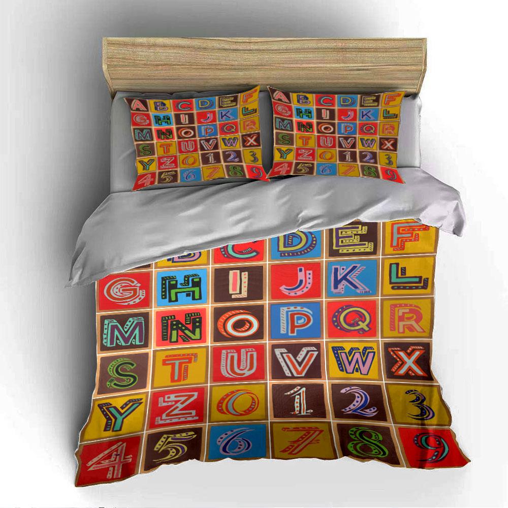 Colorful Alphabet and Numbers Pattern Bedding Duvet Cover Set (1*Duvet Cover 2*Pillowcases, Without Duvet Insert)