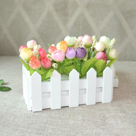 1 Set White Wooden Fence Artificial Flower Floral Holder Home Garden Decor