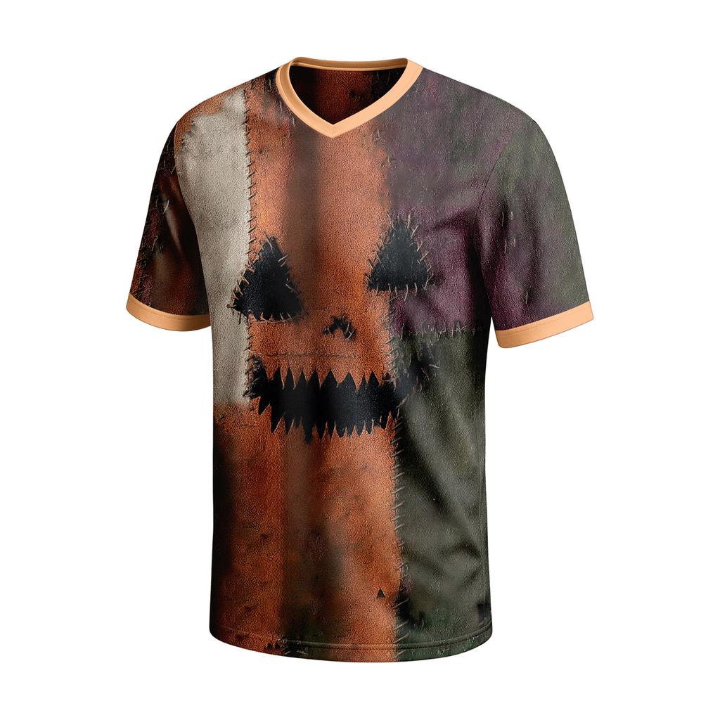 Men's Short Sleeve V-Neck T-Shirt with Halloween Print for Casual Daily Wear