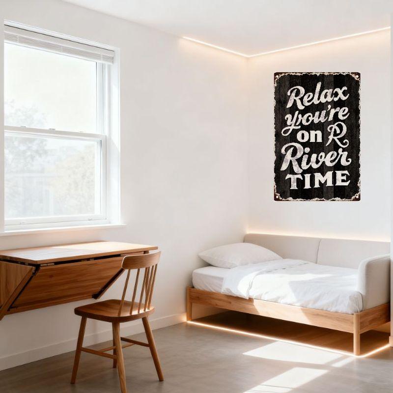 Vintage 'Relax You're On River TIME' Metal Tin Sign Rustic Wooden Background Rust Texture Wall Decor for Cabin Lodge River-Side