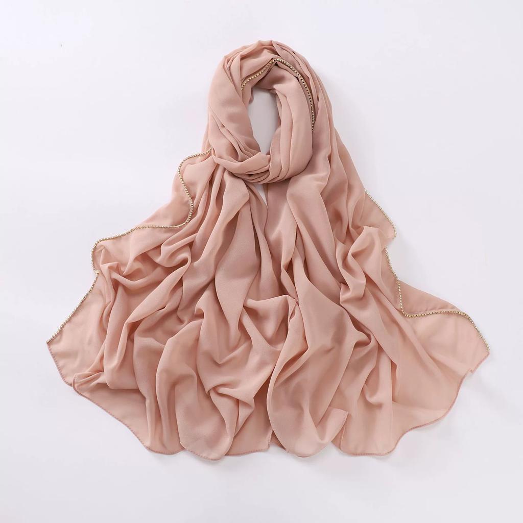 New Pearl Chiffon Hijab Scarf Copper Chain With Black Crystal Pearls Women Muslim Fashion Hijabs For Women Ramadan Turban Femme