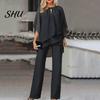 Solid Color Two-piece Suit 2 Pcs/Set Women Top Pants Set Hollow Out Half Sleeve O Neck Irregular Half-sleeve And Trousers Layered Hem Wide Leg