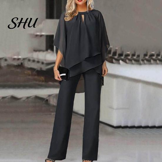 Solid Color Two-piece Suit 2 Pcs/Set Women Top Pants Set Hollow Out Half Sleeve O Neck Irregular Half-sleeve And Trousers Layered Hem Wide Leg