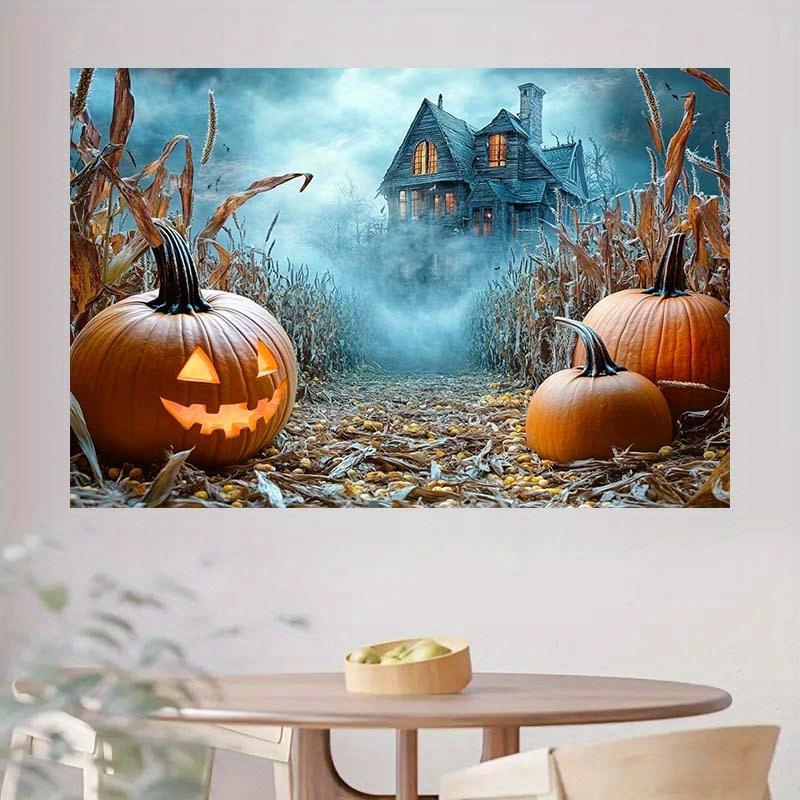 1 Halloween Haunted House Background Cloth - Ghost Pumpkin Cornfield Mist Landscape and Neon Sky Design