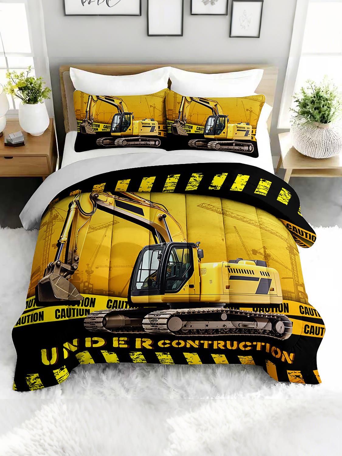 3PC Excavator Heavy Equipment Duvet Set with 2 Pillowcases - Construction Themed Bedding Set  Under Construction  Mac Heavy Twin