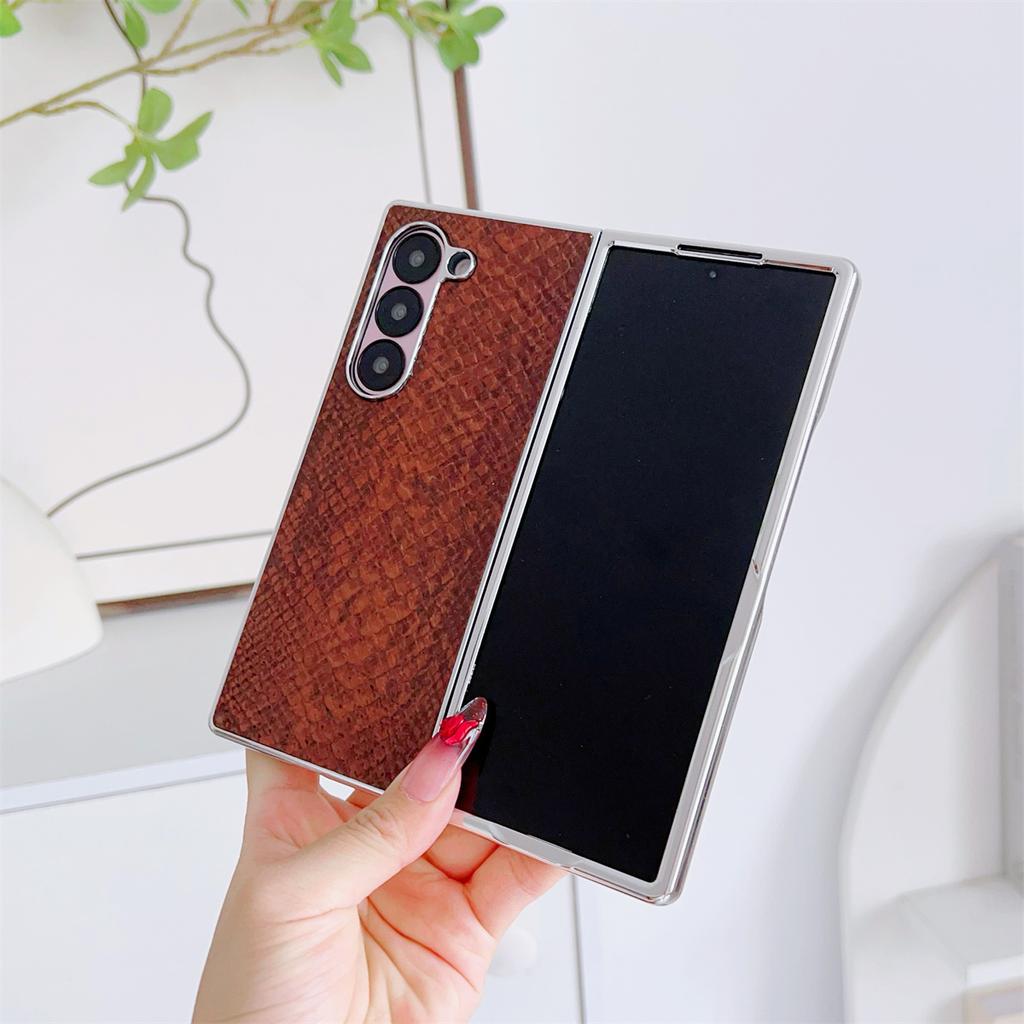 Electroplate Frame Phone Case for Samsung Galaxy Z Fold 7 6 5 4 3 Fold7 Fold6 Serpentine Leather ShockProof Protective Cover