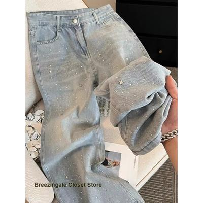 Jeans Americani a Vita Alta Slim Gamba Larga con Strass a Forma di Stelle Colorate Lucide Pantaloni Dritti Joker Nuova Moda Estiva. jeans