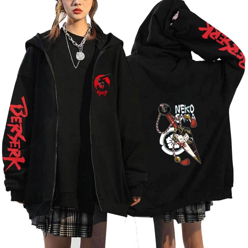 Berserk Anime Hooded Zip-Up Sweatshirt Men Oversized Fleece-Lined Pullover With Drawstring Cap Side Pockets