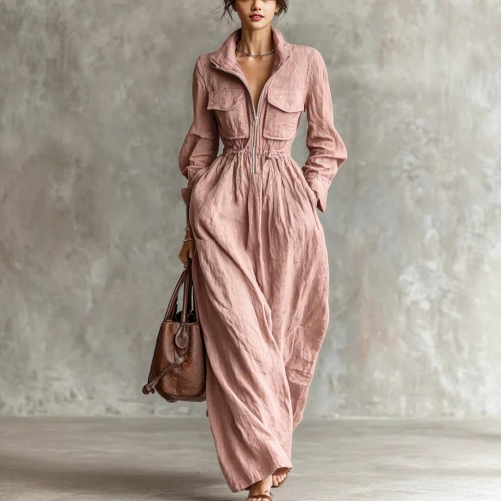 Women's Long Dress with Zipper Front, Lapel Collar and Elastic Waist for Everyday Wear