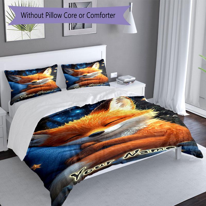 3pcs Custom Name Fox Dreams Stars Bedding Set Printed Bedding Set Duvet Cover Closure Includes 1 Duvet Cover & 2 Pillowcases Bedroom Decor
