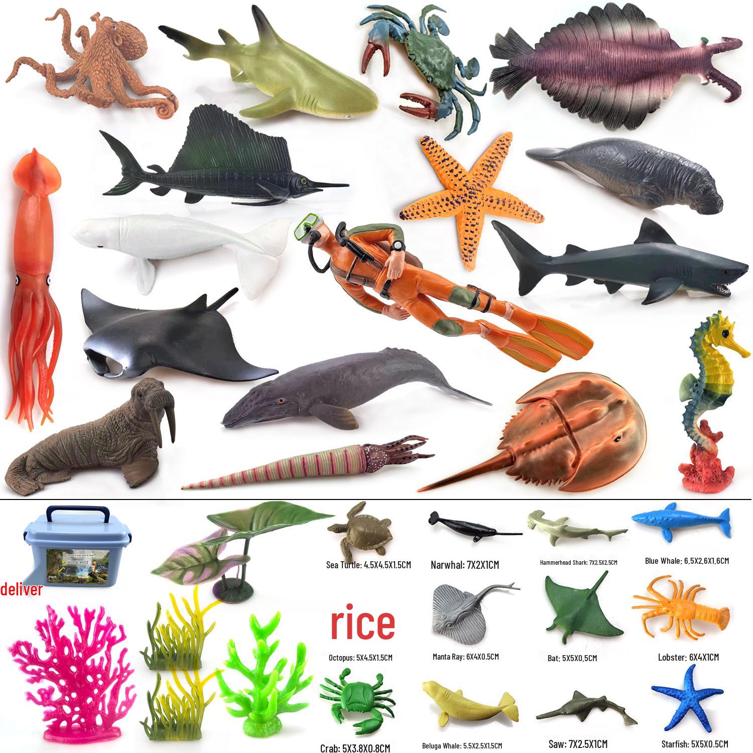 Реалистичные игрушки морской жизни: Кашалот, Гигантская акула, Горбатый кит, Синий кит, Черноперый акула, Китайский осетр, Дельфин.