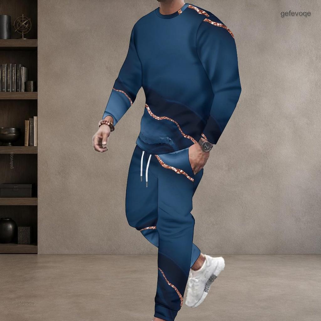 Men Plus Size Blue Printed Round Neck Long Sleeve Two Piece Cuffed Pants Set