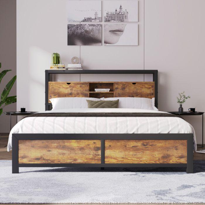 Metal Bed - MUVOE - 140x200 Cm - Headboard with Storage - Slatted Frame - Contemporary Style
