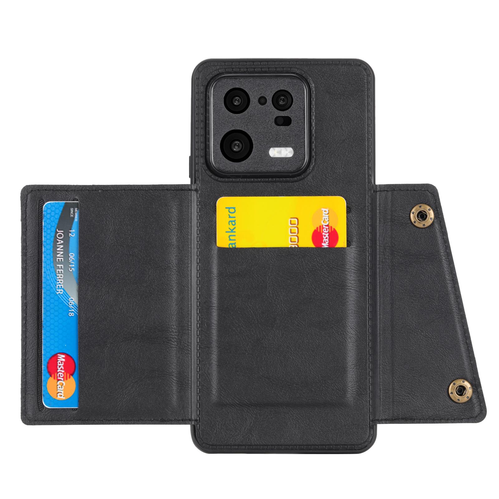 

For Xiaomi 13 5G Kickstand Phone Case Dual Button Card Slots Drop-proof PU Leather Coated TPU Case with Built-in Metal Sheet Black