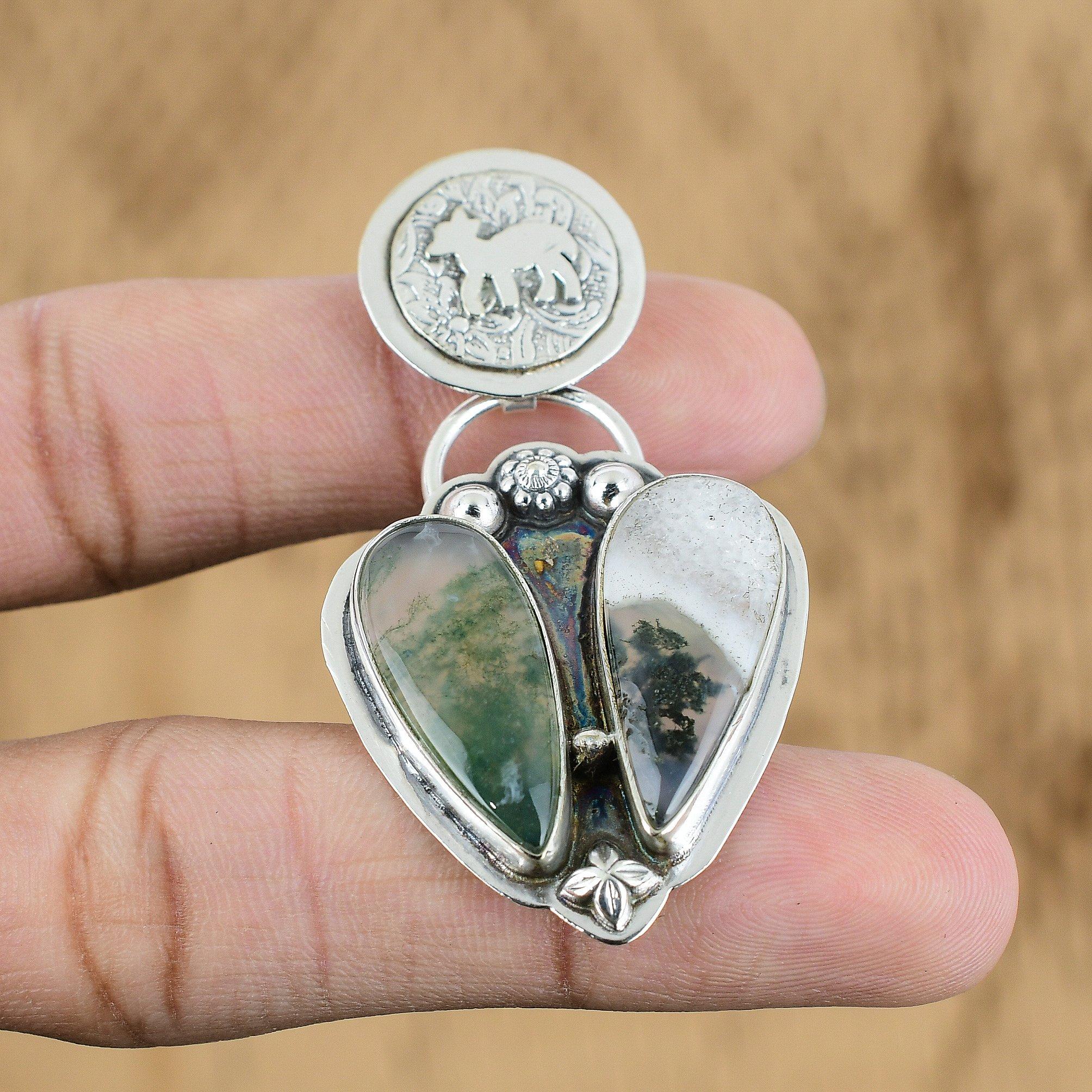 

Sterling Silver Pear Solar Moss Agate Stone Handcrafted Wedding Daughter Pendant
