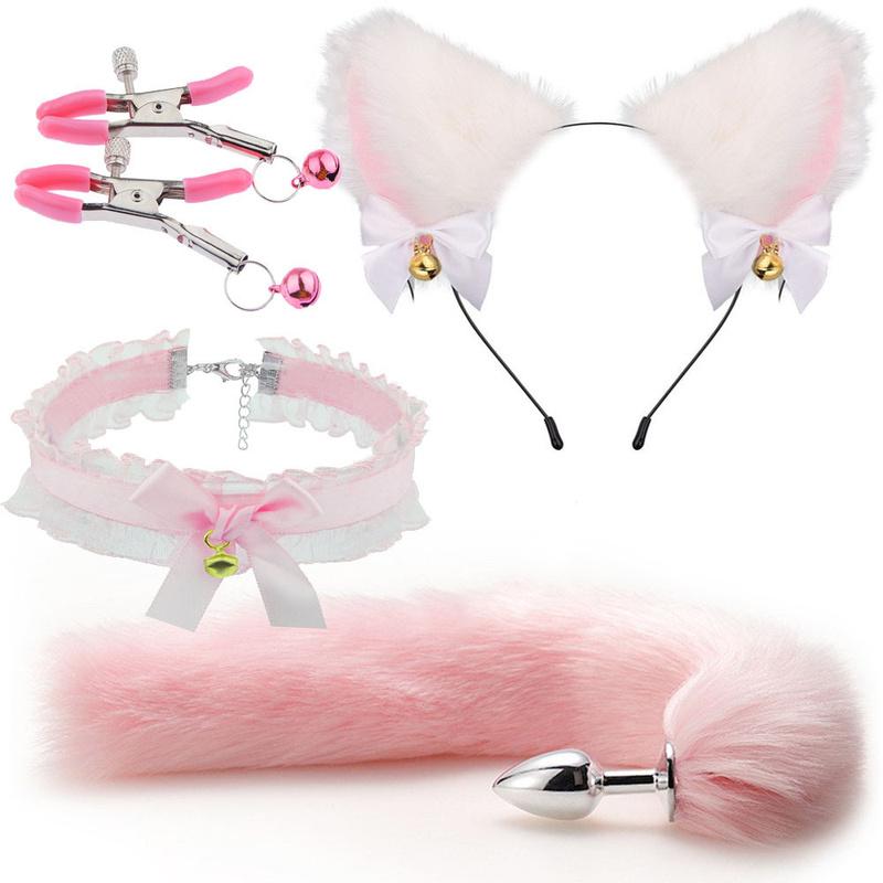 SM Erotic Cosplay Cute Fox Tail Anal Plug Bow-Knot Soft Cat Ears Headbands Collar Couples Accessories Sex Toys For Female Male