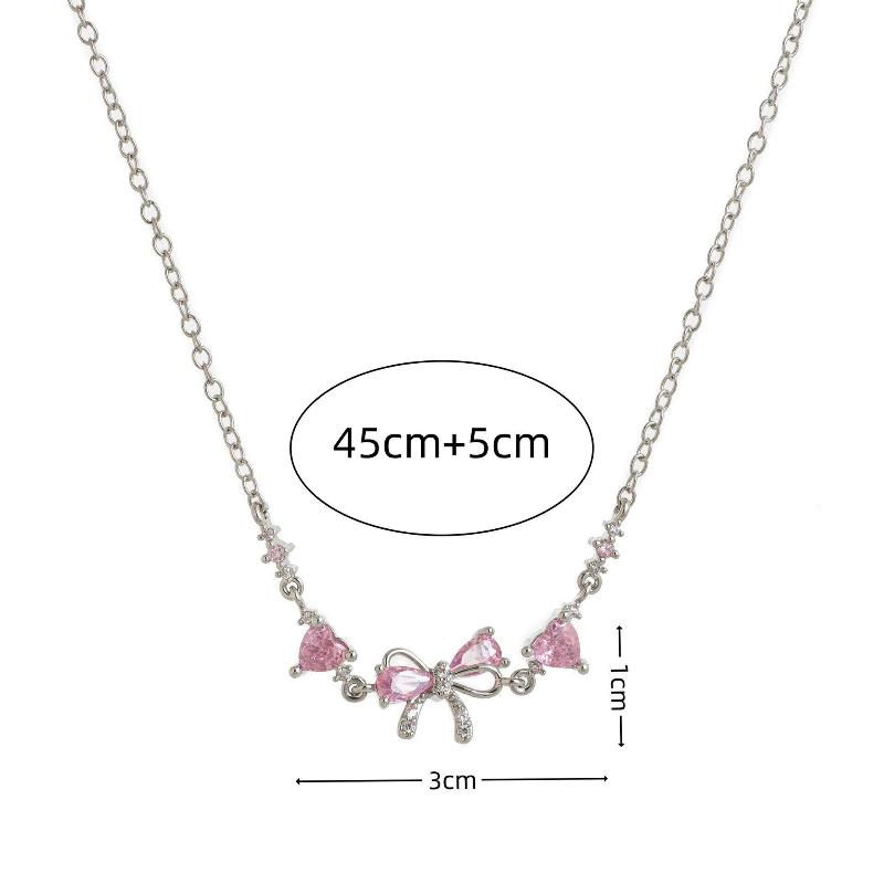 Shiny Pink Bow Heart Zircon Jewelry Set Necklace Bracelet for Women Trendy Y2K Style Accessory Gift for Teens
