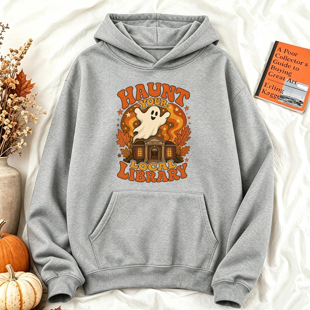 Retro Funny Halloween Ghost Hoodie Libarary Graphic Sweatshirt Bookish Gothic Unisex Streetwear Pullover Jumper for Her Hoodie