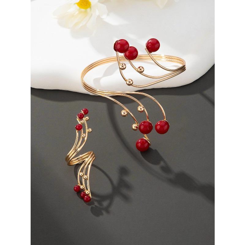 Набор Открытый Браслет Кольцо Набор Темперамент Премиум Красный Жемчуг Украшение Роскошный Банкет Вечеринка Подарки