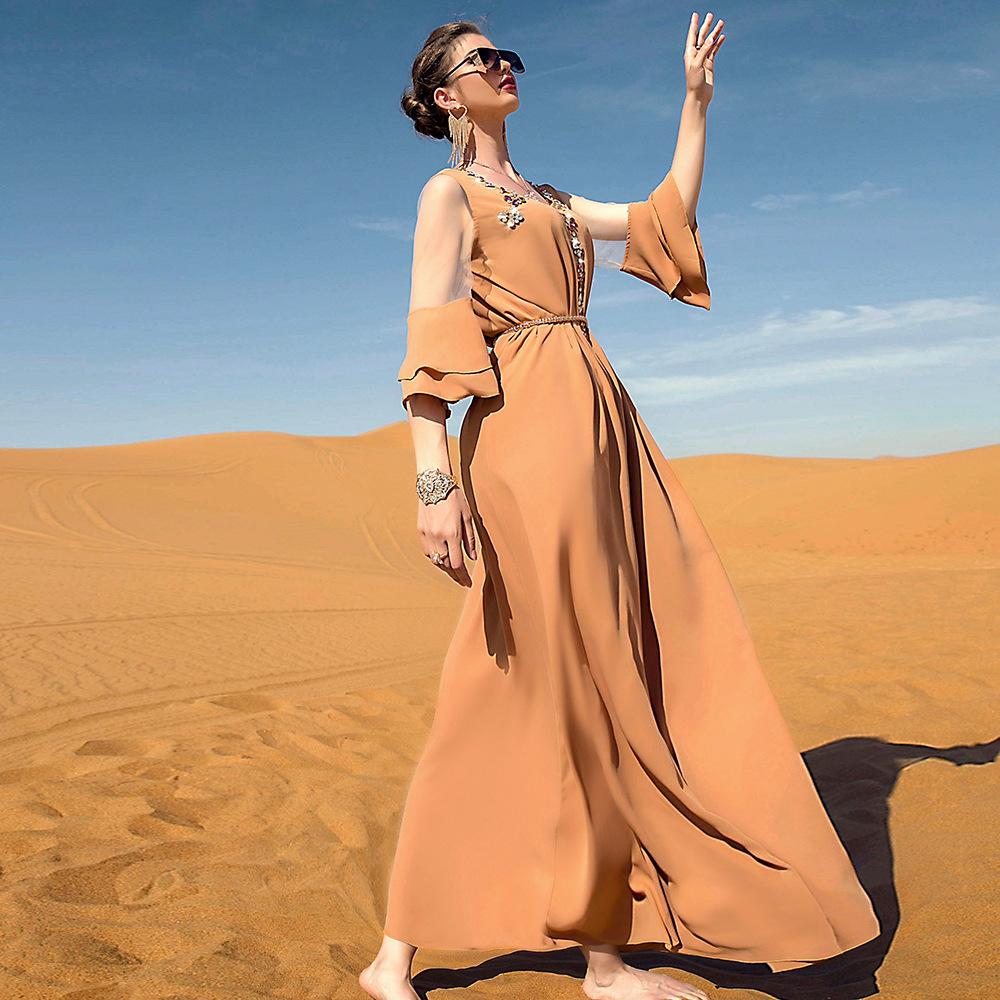 Khaki Ruffle Panel Mesh Slim Fit Elbise Dubai Müslüman Elbisesi