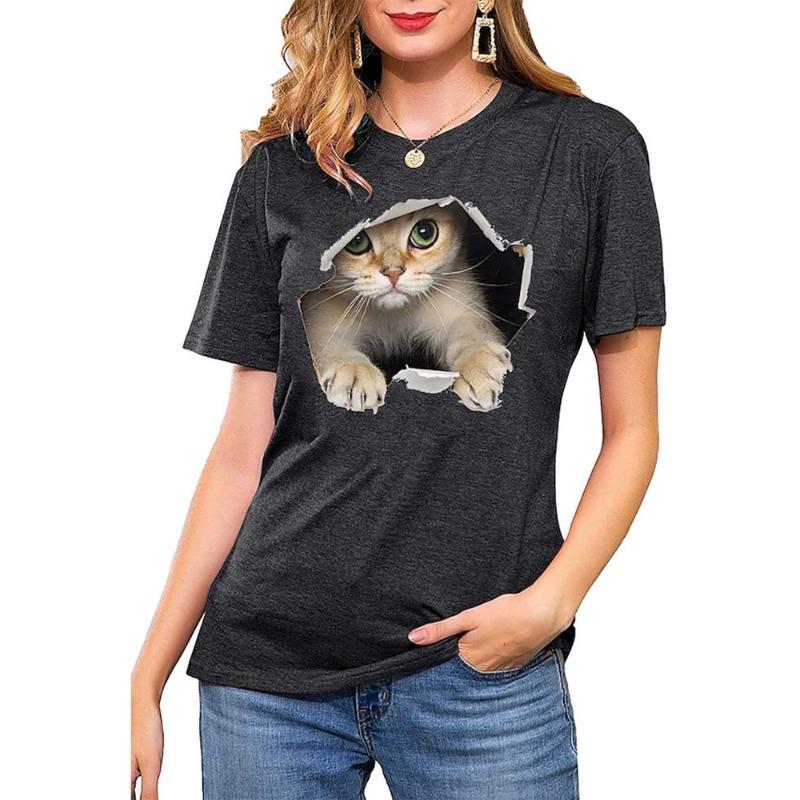 Ladies' V-neck T-shirt 3D Digital Printing Cute Cat Fashion Short Sleeved Casual Breathable Quick Drying Clothes