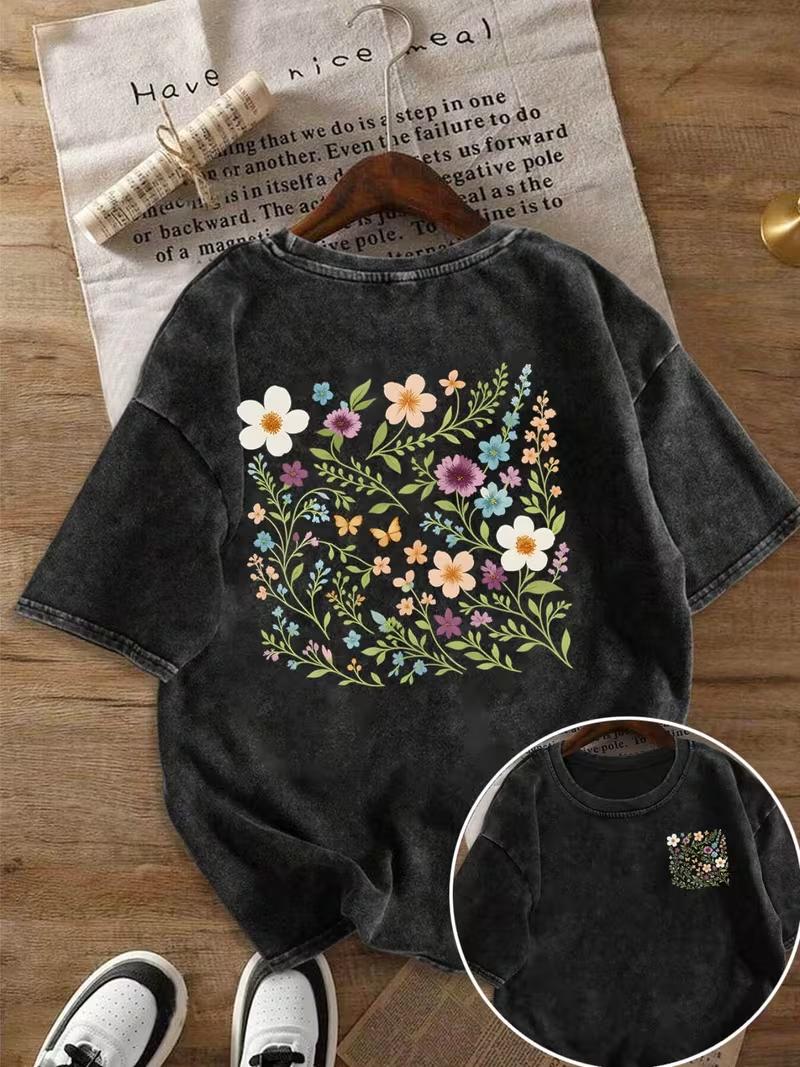 

Flower Print Retro Washed T Shirt Loose Round Neck Fashion Womens Wash Short Sleeve Burningout Printing Womens Tshirt 2XL
