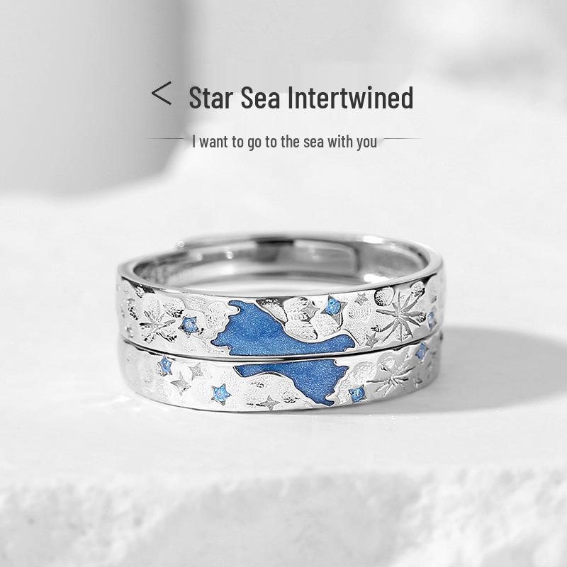 Tichia Starry Sea Impression Couples  S925 Sterling Silver Rings - Luxurious Open Star Design for Men and Women Women s Ring