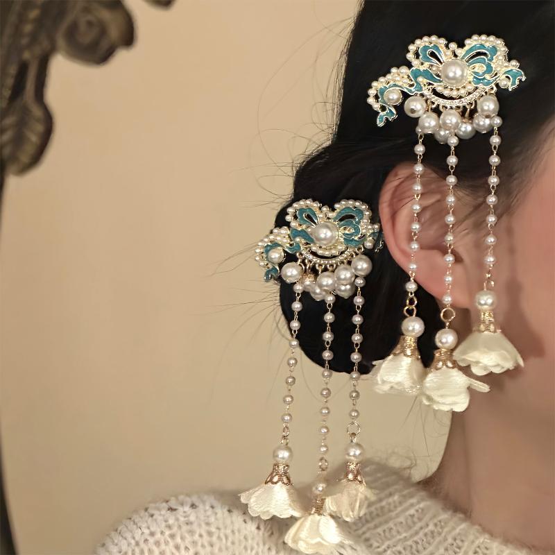 Vintage Chinese Style Pearl Tassel Hair Clips Enamel Flower Hair Pins For Women Hanfu Wedding Hair Accessories