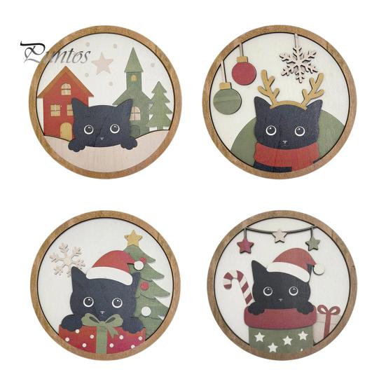 Modern Home Art Christmas Black Cat Wall Decor, Layered Wooden Hanging Sign, Round 2D Entryway Decor Flat Decoration for Living Room Bedroom And Hall