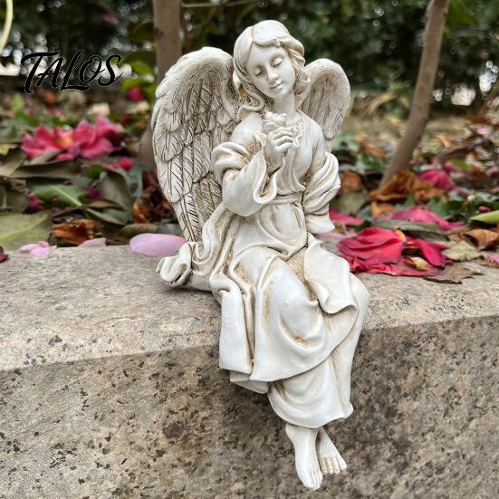 Retro Winged Angel Statue, Resin Praying Angel Figurine, Elegant Sitting Angel Sculpture for Outdoor Indoor Garden Decor