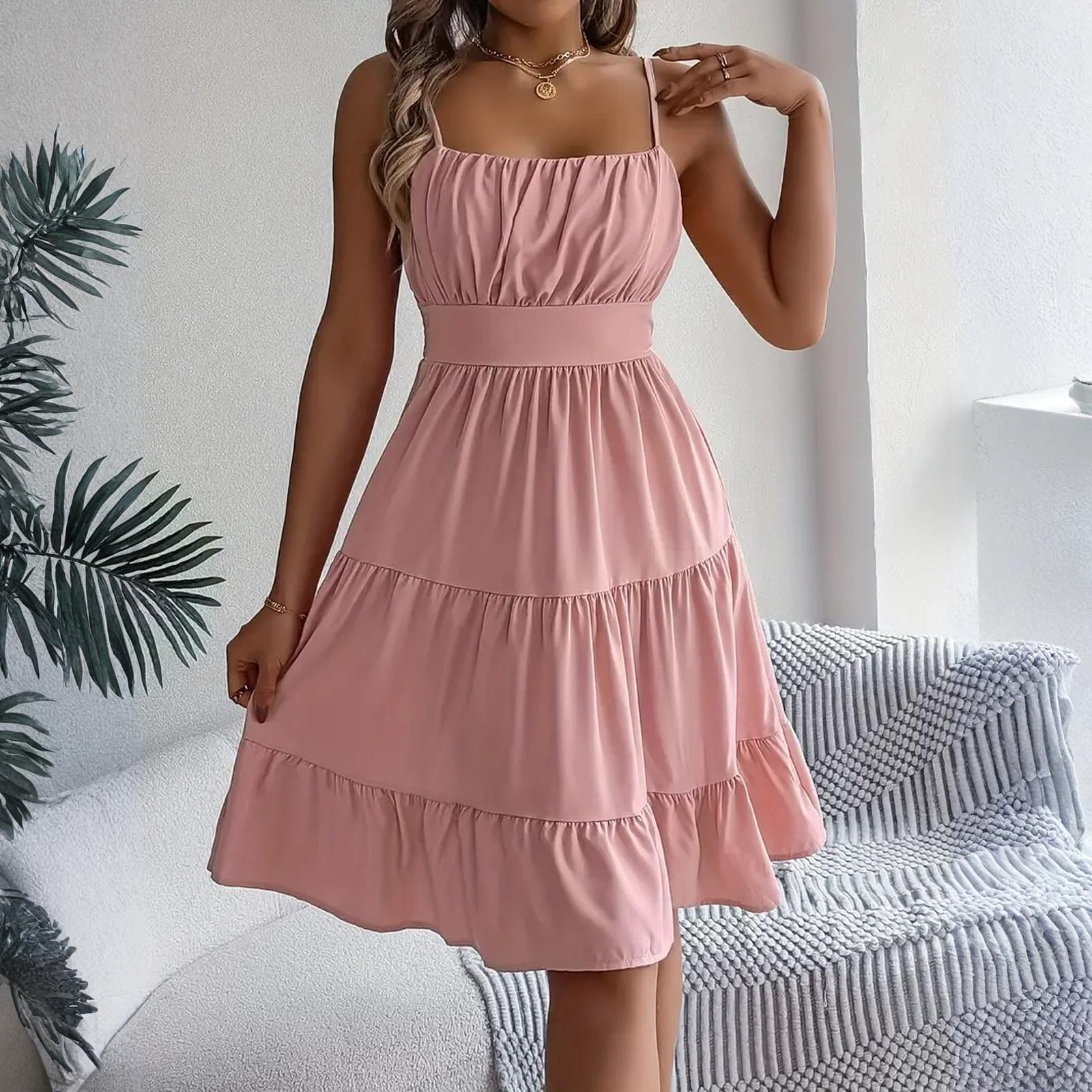 

Женское модное однотонное платье-камисоль без рукавов с квадратным вырезом и многослойной плиссировкой L розовый