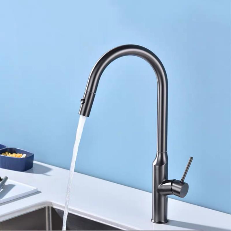 Double Function Water Kitchen Pull-out Sink Faucet Gray 304 Stainless Steel Hot And Cold Water Single-hole Telescopic Sink Tap