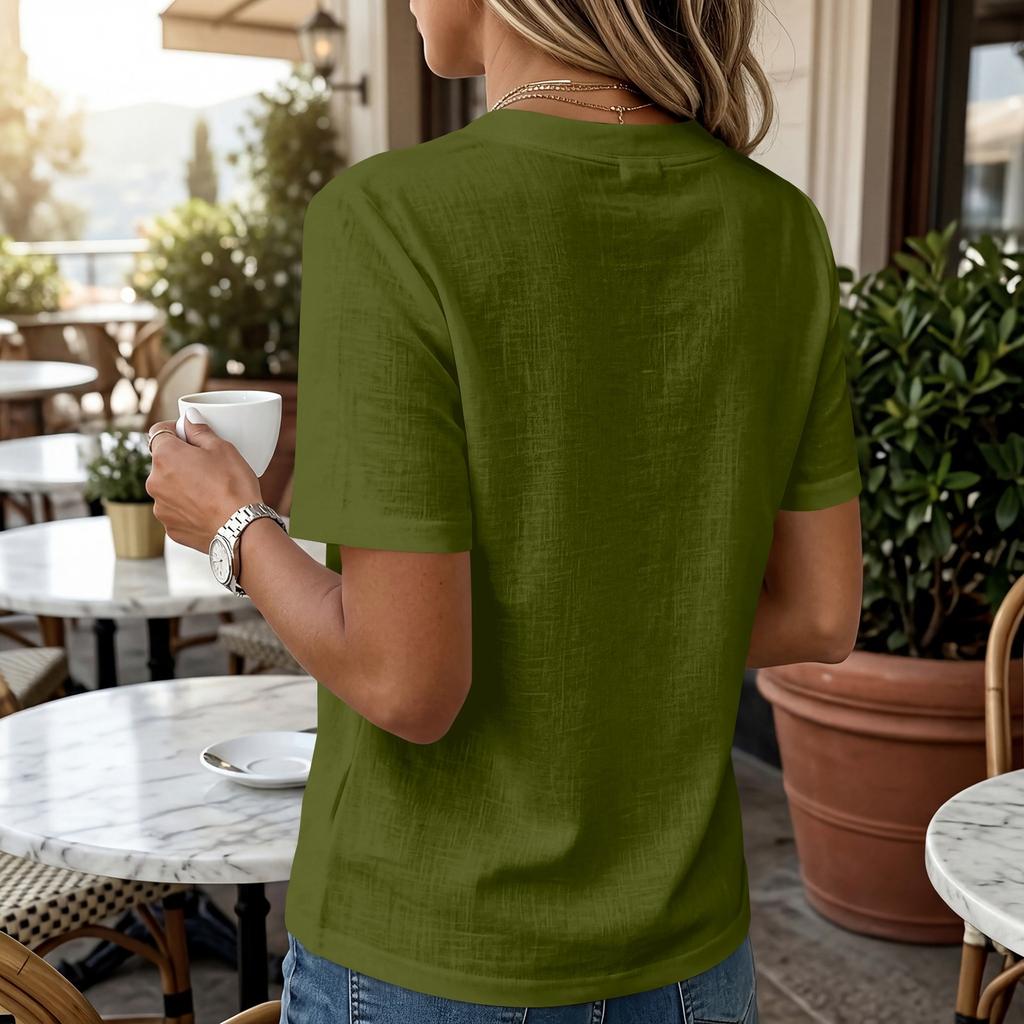 Women’s Fashion Solid Pattern Henley Button Neck Short Sleeve Cotton Linen Shirt for Casual and Daily Wear
