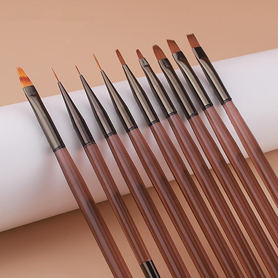 9Pcs Nail Brush Set, Nail Art Tool for Gel, Fine Line, Painting and Detail Work Pens with Stylish Brown Handles