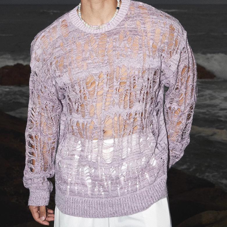 Men's Wabi-Sabi Hollow Knit Tassel Cardigan - Sexy See-through, Loose Long Sleeve Mesh Hoodie
