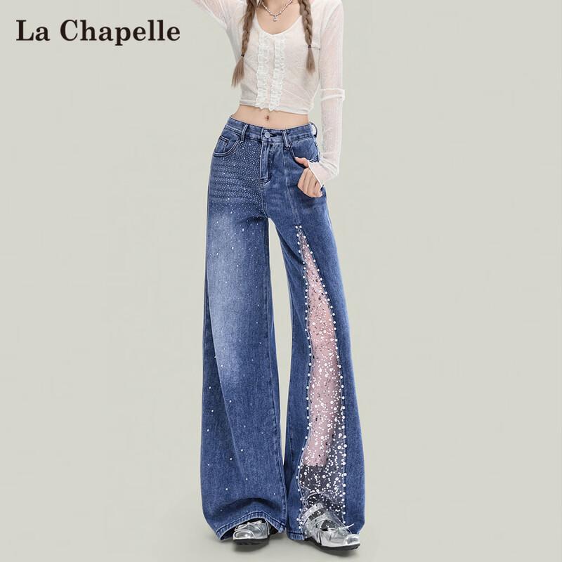 La Chapelle Women s Spliced Lace Wide-Leg Jeans with Rhinestones L
