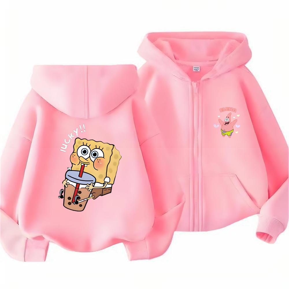 Hoodies Coat Spongebob Squarepants Children Gifts Zipper Style Girls Boys Age 3-12 Kids Fashion Black Pink Fashion Sweatshirt