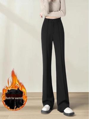 Women's Black High-Waist Micro-Flare Suit Pants, Plus Velvet, Thickened, Slim Fit, Bell-Bottoms, Slimming, Casual Drape