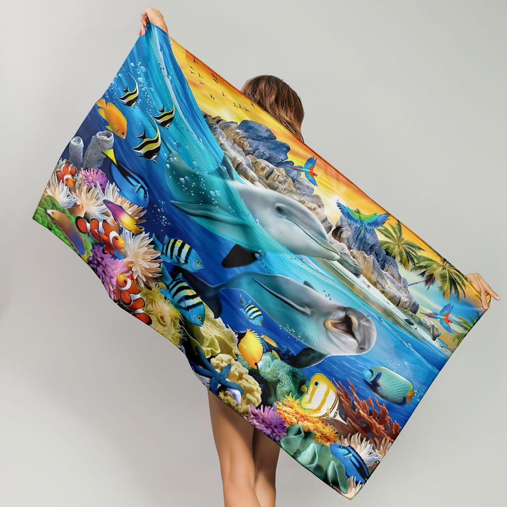 One Tropical Dolphin Pattern Beach Towel Quick Dry for Travel Yoga Fitness Swimming and Gaming Coastal Themed Rectangular Towel